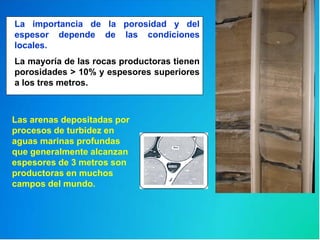 La importancia de la porosidad y del
espesor depende de las condiciones
locales.
La mayoría de las rocas productoras tienen
porosidades > 10% y espesores superiores
a los tres metros.
Las arenas depositadas por
procesos de turbidez en
aguas marinas profundas
que generalmente alcanzan
espesores de 3 metros son
productoras en muchos
campos del mundo.
 