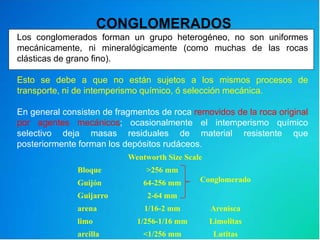 CONGLOMERADOS
Los conglomerados forman un grupo heterogéneo, no son uniformes
mecánicamente, ni mineralógicamente (como muchas de las rocas
clásticas de grano fino).
Esto se debe a que no están sujetos a los mismos procesos de
transporte, ni de intemperismo químico, ó selección mecánica.
En general consisten de fragmentos de roca removidos de la roca original
por agentes mecánicos; ocasionalmente el intemperismo químico
selectivo deja masas residuales de material resistente que
posteriormente forman los depósitos rudáceos.
Wentworth Size Scale
Bloque >256 mm
ConglomeradoGuijón 64-256 mm
Guijarro 2-64 mm
arena 1/16-2 mm Arenisca
limo 1/256-1/16 mm Limolitas
arcilla <1/256 mm Lutitas
 