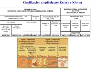 BOUNDSTONE
MUDSTONE WACKESTONE PACKSTONE GRAINSTONE FLOATSTONE RUDSTONE FRAMESTONE BINDSTONE BAFFLESTONE
Lodo soportado
Componentes con menos de 10% > 2 mm
contenido limoso (< 0.03 mm)
Granos soportados
Soportada por
matriz
Soportado por
componentes >
2mm
Por organismos de los
cuales:
Menos del
10% de granos
( >0.03 mm and
<2 mm)
Más del
10% de granos
No contienen
lodo
Componentes con más del
10% >2 mm
CALIZAS ALÓCTONAS
COMPONENTES ORIGINALES NO ORGÁNICOS, UNIDOS DURANTE EL DEPÓSITO
CALIZAS AUTOCTONAS COMPONENTES
ORGANICOS
UNIDOS DURANTE EL DEPOSITO
Construidos por
estructuras
rígidas
Estructuras
encrustadas y
unidas
Actuan como
deflectores
Clasificación ampliada por Embry y Klovan
 