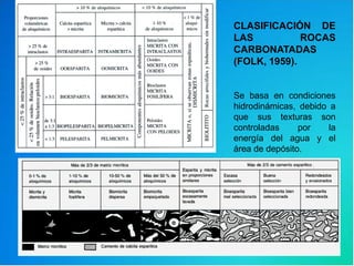 CLASIFICACIÓN DE
LAS ROCAS
CARBONATADAS
(FOLK, 1959).
Se basa en condiciones
hidrodinámicas, debido a
que sus texturas son
controladas por la
energía del agua y el
área de depósito.
 