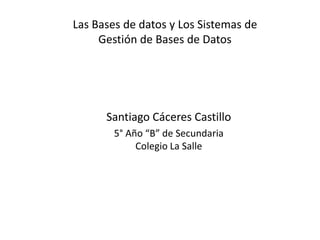 Las Bases de datos y Los Sistemas de
     Gestión de Bases de Datos




      Santiago Cáceres Castillo
        5° Año “B” de Secundaria
             Colegio La Salle
 