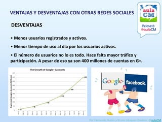 VENTAJAS Y DESVENTAJAS CON OTRAS REDES SOCIALES

DESVENTAJAS                                                                   #clase13
                                                                              @aulaCM

• Menos usuarios registrados y activos.
• Menor tiempo de uso al día por los usuarios activos.
• El número de usuarios no lo es todo. Hace falta mayor tráfico y
participación. A pesar de eso ya son 400 millones de cuentas en G+.




                                          Por Fernando Rubio y Bruno Vázquez-Dodero: @aulaCM
 