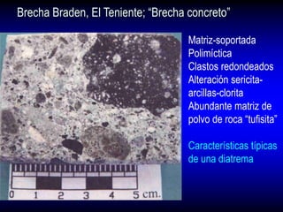 Brecha Braden, El Teniente; “Brecha concreto”
Matriz-soportada
Polimíctica
Clastos redondeados
Alteración sericita-
arcillas-clorita
Abundante matriz de
polvo de roca “tufisita”
Características típicas
de una diatrema
 