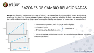 RAZONES DE CAMBIO RELACIONADAS
EJEMPLO 1: Se suelta un pequeño globo en un punto a 150 pies alejado de un observador, quien se encuentra
en el nivel del piso. Si el globo se eleva en línea recta hacia arriba a una velocidad de 8 pies por segundo, ¿qué
tan rápido está aumentando la distancia del observador al globo cuando éste se encuentra a 50 pies de altura?
La distancia desde el observador al punto de lanzamiento permanece sin cambio
conforme t aumenta.
:Número de segundos a partir de que se suelta el globo.
t
:Altura del globo.
h
:Distancia del globo al observador.
s
Dependen de t
 
