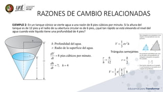 RAZONES DE CAMBIO RELACIONADAS
EJEMPLO 2: En un tanque cónico se vierte agua a una razón de 8 pies cúbicos por minuto. Si la altura del
tanque es de 12 pies y el radio de su abertura circular es de 6 pies, ¿qué tan rápido se está elevando el nivel del
agua cuando este líquido tiene una profundidad de 4 pies?
:Profundidad del agua.
h
:Radio de la superficie del agua.
r
8 pies cúbicos por minuto.
dV
dt
=
?; 4
dh
h
dt
= =
2
1
3
V r h

=
Triángulos semejantes
6
12
r
h
=
2
h
r =
2
1
3 2
h
V h

 
=  
 
 