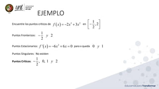 EJEMPLO
Encuentre los puntos críticos de en
( ) 3 2
2 3
f x x x
= − +
1
,2
2
 
−
 
 
Puntos Fronterizos:
1
2
2
y
−
( ) 2
' 6 6 0
f x x x
= − + =
Puntos Estacionarios: para x queda 0 1
y
Puntos Singulares: No existen
Puntos Críticos:
1
, 0, 1 2
2
y
−
 