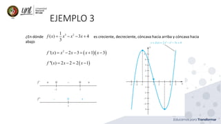 EJEMPLO 3
¿En dónde es creciente, decreciente, cóncava hacia arriba y cóncava hacia
abajo
3 2
1
( ) 3 4
3
f x x x x
= − − +
( )( )
2
'( ) 2 3 1 3
f x x x x x
= − − = + −
( )
''( ) 2 2 2 1
f x x x
= − = −
 