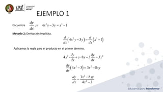 EJEMPLO 1
Encuentre , si
dy
dx
2 3
4 3 1
x y y x
− = −
Método 2: Derivación implícita.
Aplicamos la regla para el producto en el primer término.
( ) ( )
2 3
4 3 1
d d
x y y x
dx dx
− = −
2 2
4 8 3 3
dy dy
x y x x
dx dx
 +  − =
( )
2 2
4 3 3 8
dy
x x xy
dx
− = −
2
2
3 8
4 3
dy x xy
dx x
−
=
−
 