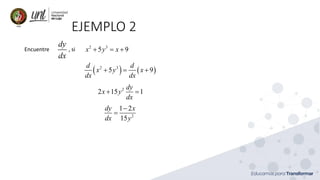 EJEMPLO 2
Encuentre , si
dy
dx
2 3
5 9
x y x
+ = +
( ) ( )
2 3
5 9
d d
x y x
dx dx
+ = +
2
2 15 1
dy
x y
dx
+ =
2
1 2
15
dy x
dx y
−
=
 