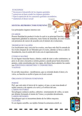 FUNCIONES
* favorecen el desarrollo de los órganos genitales
* conservan en buen estado los órganos genitales
* fijan la aparición de los caracteres genitales secundarios.
* mantienen el deseo sexual
SISTEMA REPRODUCTOR FEMENINO
Los principales órganos internos son:
OVARIOS
Poseen finalidad de producir óvulos la cual es su principal función y es una
importante glándula la endocrina, tiene forma de almendra, de color rosado,
con presencia de surcos de acuerdo con el número de ovulaciones.
TROMPAS DE FALOPIO
Las localizamos muy cerca de los ovarios, esto hace más fácil la entrada de
los óvulos después de ser liberados por el ovario, además se lleva a cabo la
fecundación, ósea la unión del óvulo con el espermatozoide.
ÚTERO O MATRIZ
Es un órgano muscular hueco, elástico, mide de siete a ocho centímetros, su
peso es de unos cincuenta a setenta gramos y puede pesar hasta doscientos
gramos, están constituidas por tres capas, de afuera hacia adentro las cuales
son PERITONEO MIOMETRIO Y ENDOMETRIO.
VAGINAS
Es un tubo musculoso - membranoso, que se extiende desde el útero a la
vulva, su función es recibir el pene en el acto sexual.
ÓRGANOS EXTERNOS FEMENINOS
PERINÉ
Piel que está entre el inicio de la vagina y el ano, es una zona donde el
tejido conecta y de soporte a la vulva y el orificio del ano.
LABIOS MAYORES
Son pliegues cutáneos anchos, cubiertos externamente de vellos, se unen
por delante formando el monte de Venus y se pierden dorsalmente.
LABIOS MENORES
Son pliegues que se encuentran dentro de los labios mayores.
CLÍTORIS
Es un órgano sensible, sus tejidos forman la estructura eréctil, es
 