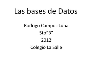 Las bases de Datos
  Rodrigo Campos Luna
         5to”B”
          2012
    Colegio La Salle
 