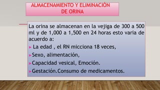 ALMACENAMIENTO Y ELIMINACIÓN
DE ORINA
La orina se almacenan en la vejiga de 300 a 500
ml y de 1,000 a 1,500 en 24 horas esto varia de
acuerdo a:
▶ La edad , el RN micciona 18 veces,
▶Sexo, alimentación,
▶Capacidad vesical, Emoción.
▶Gestación.Consumo de medicamentos.
 