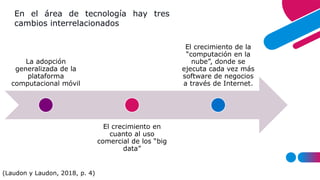 La adopción
generalizada de la
plataforma
computacional móvil
El crecimiento en
cuanto al uso
comercial de los “big
data”
El crecimiento de la
“computación en la
nube”, donde se
ejecuta cada vez más
software de negocios
a través de Internet.
En el área de tecnología hay tres
cambios interrelacionados
(Laudon y Laudon, 2018, p. 4)
 
