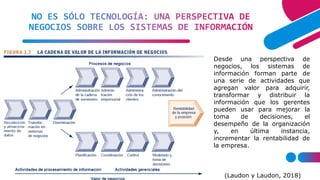 NO ES SÓLO TECNOLOGÍA: UNA PERSPECTIVA DE
NEGOCIOS SOBRE LOS SISTEMAS DE INFORMACIÓN
Desde una perspectiva de
negocios, los sistemas de
información forman parte de
una serie de actividades que
agregan valor para adquirir,
transformar y distribuir la
información que los gerentes
pueden usar para mejorar la
toma de decisiones, el
desempeño de la organización
y, en última instancia,
incrementar la rentabilidad de
la empresa.
(Laudon y Laudon, 2018)
 