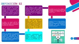 8
DEFINICIÓN SI
Conjunto formal de procesos que, operando
sobre una colección de datos estructurada
según las necesidades de la empresa,
recopilan, elaboran y distribuyen la
información (o parte de ella) necesaria para
la operación de dicha empresa y para las
actividades de dirección y control
correspondientes, apoyando al menos en
parte, la toma de decisiones necesaria para
desempeñar las funciones y procesos de
negocio de la empresa de acuerdo con su
estrategia
Se refiere a un conjunto ordenado de
mecanismos que tienen como fin la
administración de datos y de información,
de manera que puedan ser recuperados y
procesados fácil y rápidamente.
Conjunto de elementos que interactúan
entre sí con un fin común; que permite que
la información esté disponible para
satisfacer las necesidades en una
organización, un sistema de información no
siempre requiere contar con recuso
computacional aunque la disposición del
mismo facilita el manejo e interpretación de
la información por los usuarios
Componentes interrelacionados que
trabajan en conjunto para recolectar,
procesar, almacenar y diseminar
información para apoyar la toma de
decisiones, la coordinación, el control, el
análisis y la visualización en una
organización (Laudon & Laudon, 2018)
Un sistema de información típicamente incluye
hardware, software, datos, procedimientos y
personas. El hardware se refiere a los
dispositivos físicos, como computadoras,
servidores, dispositivos móviles y dispositivos de
almacenamiento, mientras que el software se
refiere a los programas que se ejecutan en el
hardware para procesar y manejar los datos. Los
datos son la información que se recopila y se
almacena en el sistema de información, y los
procedimientos son las reglas y pautas que se
establecen para el uso del sistema de
información por parte de las personas que lo
utilizan (O'Brien, 2014)
Es un sistema que captura (recoge),
procesa, almacena, analiza y disemina
(distribuye) información para un objetivo o
propósito especifico. Las tecnologías de la
información (TI) son todas aquellas
herramientas informáticas que utilizan los
usuarios para trabajar y dar soporte a los
datos de acuerdo con las necesidades del
procesamiento de la organización.
(Joyanes, 2015)
El propósito de un SI es obtener la
información correcta para las personas que
la necesitan en el momento preciso, y que
la cantidad y el formato adecuado .
(Joyanes, 2015)
Conjunto de recursos técnicos, humanos y
económicos, interrelacionados
dinámicamente, y organizados en torno al
objetivo de satisfacer las necesidades de
información de una organización
empresarial para la gestión y la correcta
adopción de decisiones
 