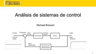 1
Análisis de sistemas de control
Michael Bressan
Comparador
Controlador Planta
+
-
Elementos de
realimentación
Señal
de error
Señal
realimentada
Señal de
control
Señal
controlada
Salida
Entrada
Señal de
mando
 