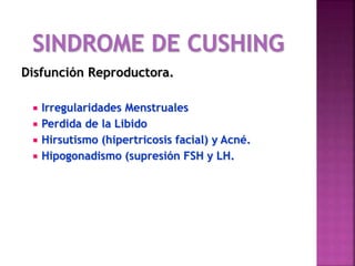 Disfunción Reproductora.
 Irregularidades Menstruales
 Perdida de la Libido
 Hirsutismo (hipertricosis facial) y Acné.
 Hipogonadismo (supresión FSH y LH.
 