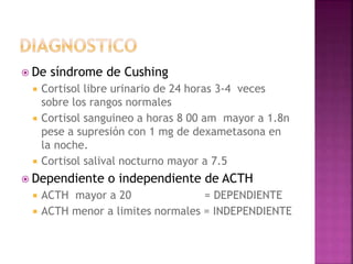  De síndrome de Cushing
 Cortisol libre urinario de 24 horas 3-4 veces
sobre los rangos normales
 Cortisol sanguineo a horas 8 00 am mayor a 1.8n
pese a supresión con 1 mg de dexametasona en
la noche.
 Cortisol salival nocturno mayor a 7.5
 Dependiente o independiente de ACTH
 ACTH mayor a 20 = DEPENDIENTE
 ACTH menor a limites normales = INDEPENDIENTE
 