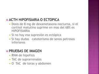  ACTH HIPOFISIARIA O ECTOPICA
 Dosis de 8 mg de dexametasona nocturna, si el
cortisol matutino suprime en mas del 68% es
HIPOFISIARIA
 Si no hay esa supresión es ectópica
 Si hay dudas cateterismo de senos petrosos
inferiores
 PRUEBAS DE IMAGEN
 RNM de hipofisis
 TAC de suprarrenales
 O TAC de torax y abdomen
 