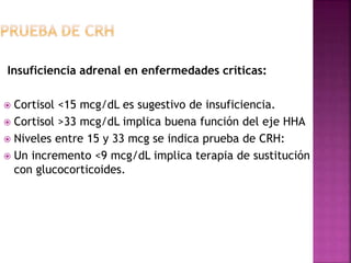 Insuficiencia adrenal en enfermedades críticas:
 Cortisol <15 mcg/dL es sugestivo de insuficiencia.
 Cortisol >33 mcg/dL implica buena función del eje HHA
 Niveles entre 15 y 33 mcg se indica prueba de CRH:
 Un incremento <9 mcg/dL implica terapia de sustitución
con glucocorticoides.
 