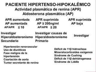 PACIENTE HIPERTENSO-HIPOKALÉMICO
Actividad plasmática de renina (APR)
Aldosterona plasmática (AP)
APR aumentada APR suprimida APR suprimida
AP aumentada AP ≥ 200ng/ml AP baja
APR/AP ≤ 10 APR/AP ≥ 20
Investigar
Hiperaldosteronismo
Secundario
Investigar causas de
Hiperaldosteronismo
Primario
Investigar
Hipertensión renovascular
Uso de diuréticos
Fase maligna de la
hipertensión
Coartación de aorta
Tumor secretante de renina
Déficit de 11β hidroxilasa
Mineralocorticoides exógenos
Síndrome de Cushing
Déficit de 11β dehidrogenasa
Síndrome de Liddle
AP/APRAP/APR
 