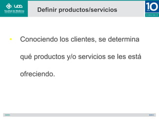 Definir productos/servicios
• Conociendo los clientes, se determina
qué productos y/o servicios se les está
ofreciendo.
 