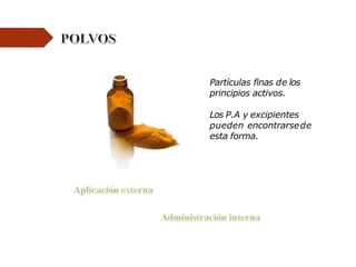 Partículas finas de los
principios activos.
Los P.A y excipientes
pueden encontrarsede
esta forma.
 