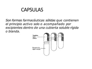 CAPSULAS
Son formas farmacéuticas sólidas que contienen
el principio activo solo o acompañado por
excipientes dentro de una cubierta soluble rígida
o blanda.
 