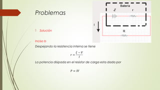 Problemas

   Solución


Inciso b
Despejando la resistencia interna se tiene




La potencia disipada en el resistor de carga esta dada por
 