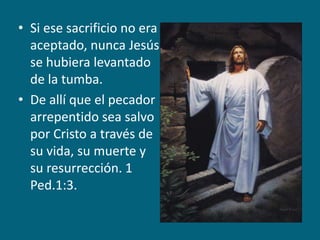 Si ese sacrificio no era aceptado, nunca Jesús se hubiera levantado de la tumba.De allí que el pecador arrepentido sea salvo por Cristo a través de su vida, su muerte y su resurrección. 1 Ped.1:3.