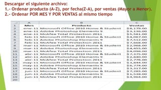 Descargar el siguiente archivo:
1.- Ordenar producto (A-Z), por fecha(Z-A), por ventas (Mayor a Menor).
2.- Ordenar POR MES Y POR VENTAS al mismo tiempo
 