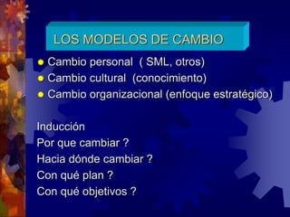 LOS MODELOS DE CAMBIO
 Cambio personal ( SML, otros)
 Cambio cultural (conocimiento)
 Cambio organizacional (enfoque estratégico)
Inducción
Por que cambiar ?
Hacia dónde cambiar ?
Con qué plan ?
Con qué objetivos ?
 