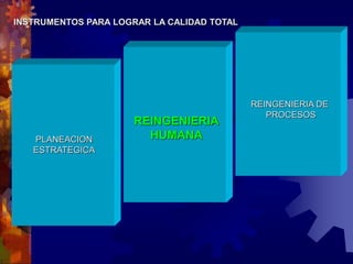 INSTRUMENTOS PARA LOGRAR LA CALIDAD TOTAL
PLANEACION
ESTRATEGICA
REINGENIERIA
HUMANA
REINGENIERIA DE
PROCESOS
 