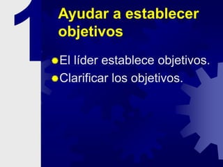 Ayudar a establecer
objetivos
El líder establece objetivos.
Clarificar los objetivos.
 