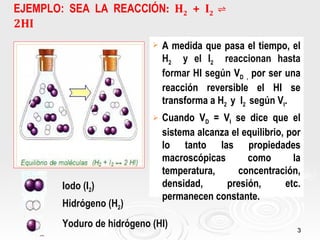 EJEMPLO: SEA LA REACCIÓN: H2 + I2 ⇌
2HI
                               A medida que pasa el tiempo, el
                                H2 y el I2 reaccionan hasta
                                formar HI según VD , por ser una
                                reacción reversible el HI se
                                transforma a H2 y I2 según VI.
                               Cuando VD = VI se dice que el
                                sistema alcanza el equilibrio, por
                                lo tanto las propiedades
                                macroscópicas       como         la
                                temperatura,      concentración,
        Iodo (I2)               densidad,      presión,        etc.
                                permanecen constante.
        Hidrógeno (H2)
        Yoduro de hidrógeno (HI)                                  3
 