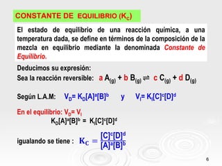 CONSTANTE DE EQUILIBRIO (KC)
El estado de equilibrio de una reacción química, a una
temperatura dada, se define en términos de la composición de la
mezcla en equilibrio mediante la denominada Constante de
Equilibrio.




                                                                  6
 