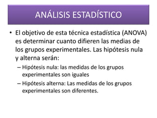 ANÁLISIS ESTADÍSTICO 
• El objetivo de esta técnica estadística (ANOVA) 
es determinar cuanto difieren las medias de 
los grupos experimentales. Las hipótesis nula 
y alterna serán: 
– Hipótesis nula: las medidas de los grupos 
experimentales son iguales 
– Hipótesis alterna: Las medidas de los grupos 
experimentales son diferentes. 
 