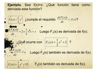 )
(
))
(
(
x
f
dx
x
F
d

¿cumple el requisito ?
2
1
2
1
)
( x
x
F 
Ejemplo. Sea f(x)=x; ¿Qué función tiene como
derivada esta función?
x
x
dx
x
F
d




2
1
2
))
(
( 1
Luego F1(x) es derivada de f(x).
¿Qué ocurre con ?
2
2
1
)
( 2
2 
 x
x
F
x
dx
x
F
d

))
(
( 2
Luego F2(x) también es derivada de f(x).
55
2
1
)
( 2
3 
 x
x
F F3(x) también es derivada de f(x).
 