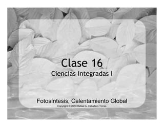 Clase 16
     Ciencias Integradas I



Fotosíntesis, Calentamiento Global
       Copyright © 2010 Rafael A. Caballero Torres
 