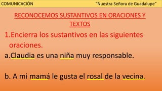 RECONOCEMOS SUSTANTIVOS EN ORACIONES Y
TEXTOS
1.Encierra los sustantivos en las siguientes
oraciones.
a.Claudia es una niña muy responsable.
b. A mi mamá le gusta el rosal de la vecina.
COMUNICACIÓN “Nuestra Señora de Guadalupe”
