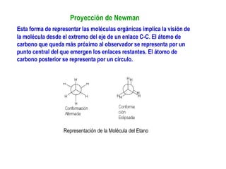 Proyección de Newman
Esta forma de representar las moléculas orgánicas implica la visión de
la molécula desde el extremo del eje de un enlace C-C. El átomo de
carbono que queda más próximo al observador se representa por un
punto central del que emergen los enlaces restantes. El átomo de
carbono posterior se representa por un círculo.
Representación de la Molécula del Etano
 