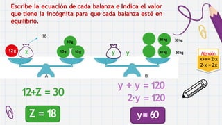 y
30kg 30kg
30kg 30kg
y
z
12g 10g 10g
10g
12+Z = 30
Z =18
Atención
x+x= 2·x
2·x = 2x
A B
y + y =120
2·y =120
y= 60
Escribe la ecuación de cada balanza e Indica el valor
que tiene la incógnita para que cada balanza esté en
equilibrio.
18
 