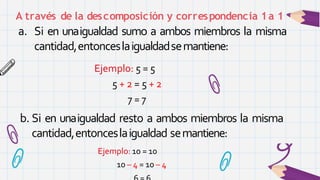 A través de la descomposición y correspondencia 1a 1
a. Si en unaigualdad sumo a ambos miembros la misma
cantidad,entonceslaigualdadsemantiene:
Ejemplo: 5 = 5
5 + 2 = 5 + 2
7 = 7
b. Si en unaigualdad resto a ambos miembros la misma
cantidad,entonceslaigualdad semantiene:
Ejemplo: 10 = 10
10 – 4 = 10 – 4
 