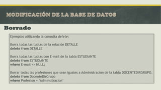 Borrado
Ejemplos utilizando la consulta delete:
Borra todas las tuplas de la relación DETALLE
delete from DETALLE
Borra todas las tuplas con E-mail de la tabla ESTUDIANTE
delete from ESTUDIANTE
where E-mail <> NULL;
Borrar todas las profesiones que sean iguales a Administración de la tabla DOCENTEDIRGRUPO.
delete from DocenteDirGrupo
where Profesion = ‘Adminsitracion’
 