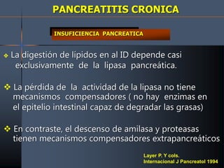 PANCREATITIS CRONICA
 La digestión de lípidos en al ID depende casi
exclusivamente de la lipasa pancreática.
 La pérdida de la actividad de la lipasa no tiene
mecanismos compensadores ( no hay enzimas en
el epitelio intestinal capaz de degradar las grasas)
 En contraste, el descenso de amilasa y proteasas
tienen mecanismos compensadores extrapancreáticos
Layer P. Y cols.
Internacional J Pancreatol 1994
INSUFICIENCIA PANCREATICA
 