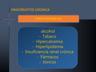PANCREATITIS CRONICA
TOXICO-METABOLICA
-alcohol
- Tabaco
- Hipercalcemia
- Hiperlipidemia
- Insuficiencia renal crónica
- Fármacos
- tóxicos
 