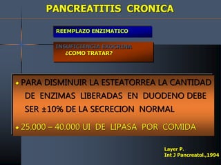PANCREATITIS CRONICA
INSUFICIENCIA EXOCRINA
¿COMO TRATAR?
 PARA DISMINUIR LA ESTEATORREA LA CANTIDAD
DE ENZIMAS LIBERADAS EN DUODENO DEBE
SER ±10% DE LA SECRECION NORMAL
 25.000 – 40.000 UI DE LIPASA POR COMIDA
REEMPLAZO ENZIMATICO
Layer P.
Int J Pancreatol.,1994
 