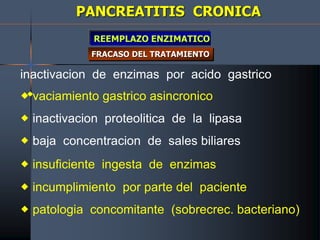 PANCREATITIS CRONICA
FRACASO DEL TRATAMIENTO

REEMPLAZO ENZIMATICO
inactivacion de enzimas por acido gastrico
 vaciamiento gastrico asincronico
 inactivacion proteolitica de la lipasa
 baja concentracion de sales biliares
 insuficiente ingesta de enzimas
 incumplimiento por parte del paciente
 patologia concomitante (sobrecrec. bacteriano)
 