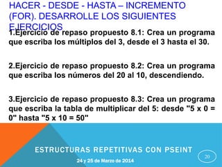 HACER - DESDE - HASTA – INCREMENTO
(FOR). DESARROLLE LOS SIGUIENTES
EJERCICIOS
20
1.Ejercicio de repaso propuesto 8.1: Crea un programa
que escriba los múltiplos del 3, desde el 3 hasta el 30.
2.Ejercicio de repaso propuesto 8.2: Crea un programa
que escriba los números del 20 al 10, descendiendo.
3.Ejercicio de repaso propuesto 8.3: Crea un programa
que escriba la tabla de multiplicar del 5: desde "5 x 0 =
0" hasta "5 x 10 = 50"
24 y 25 de Marzo de 2014
ESTRUCTURAS REPETITIVAS CON PSEINT
 