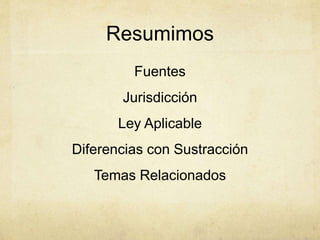 Resumimos
Fuentes
Jurisdicción
Ley Aplicable
Diferencias con Sustracción
Temas Relacionados
 